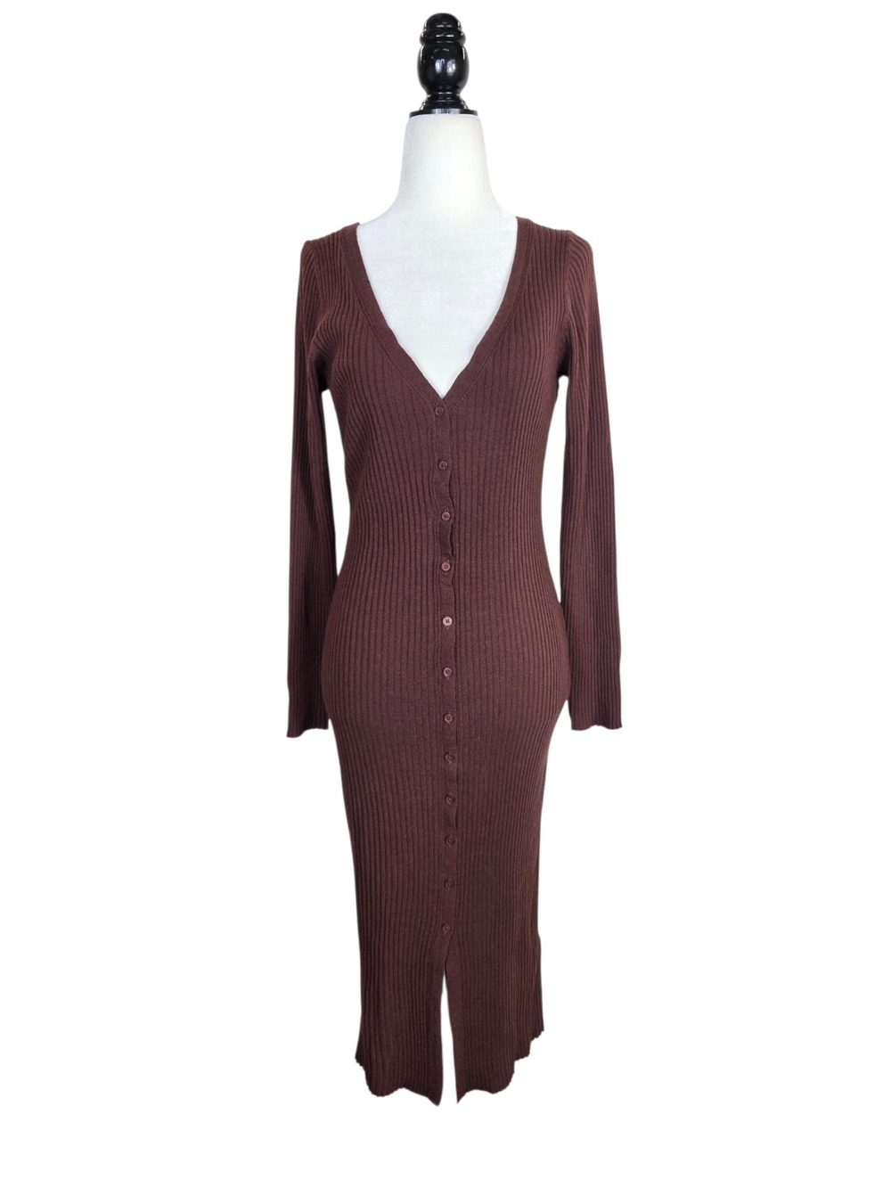 Babaton Aritzia Wool Ribbed Button-Front V-Neck Midi Dress - burgundy